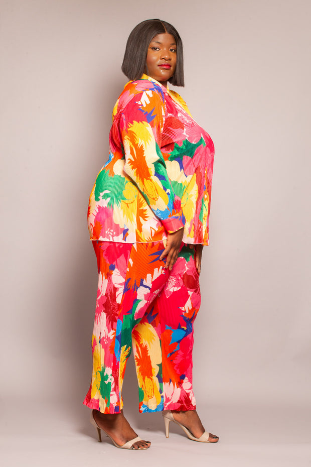 Armelleplussize curve-Ensemble plissée en couleur rose fleurie