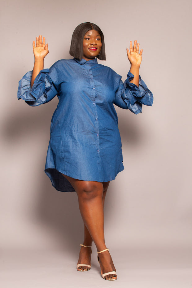 ARMELLEPLUSIZE Curve- Robe chemise courte  en manche froufrou- jean