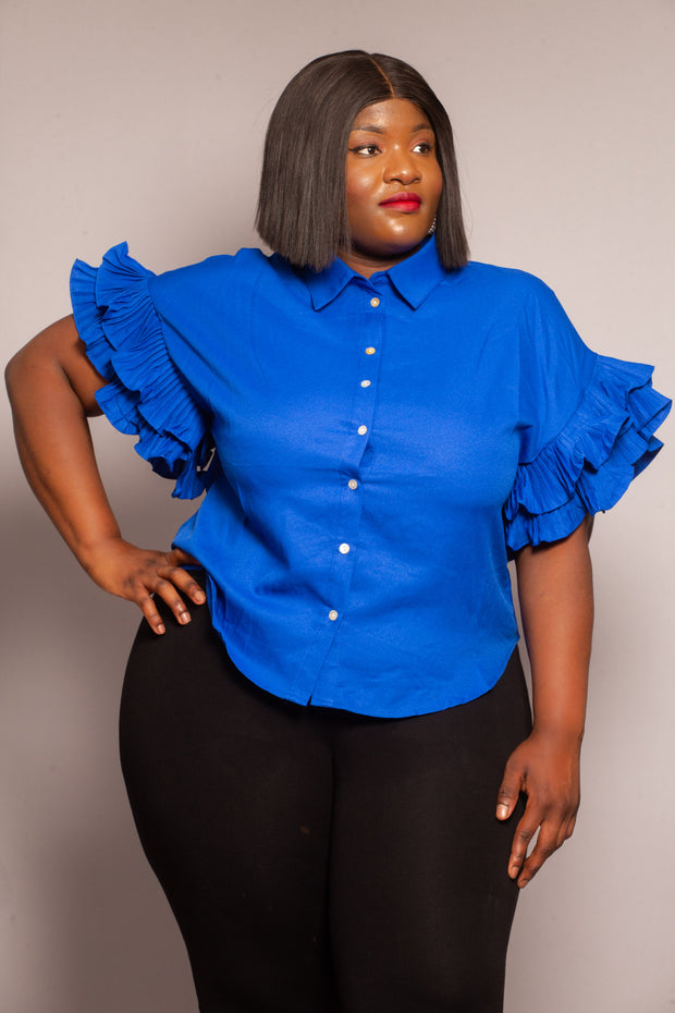 Chemise plissée à manches volantées pour vêtements grande taille