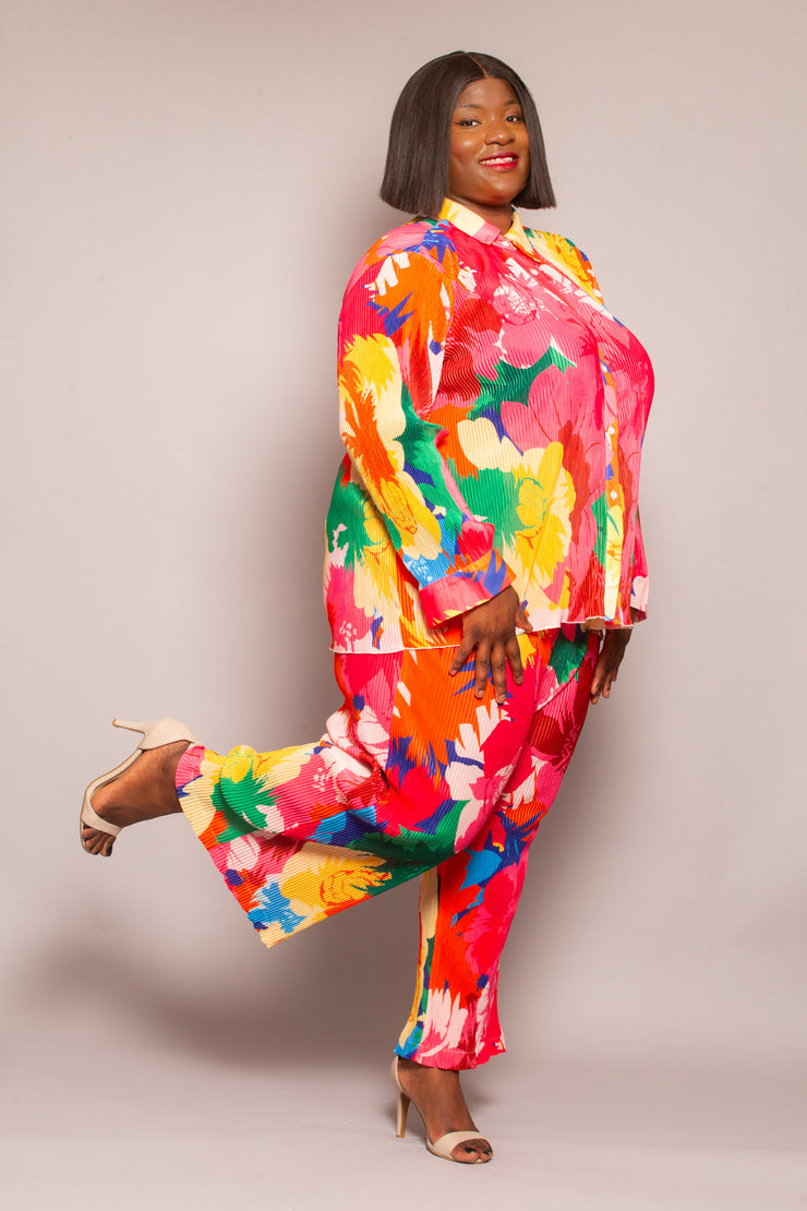 Armelleplussize curve-Ensemble plissée en couleur rose fleurie