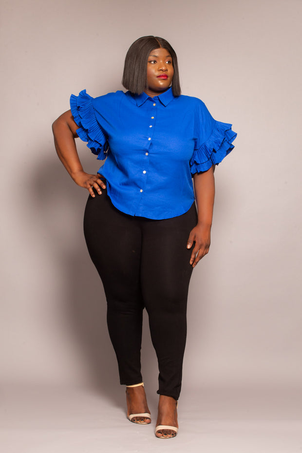 Chemise plissée à manches volantées pour vêtements grande taille